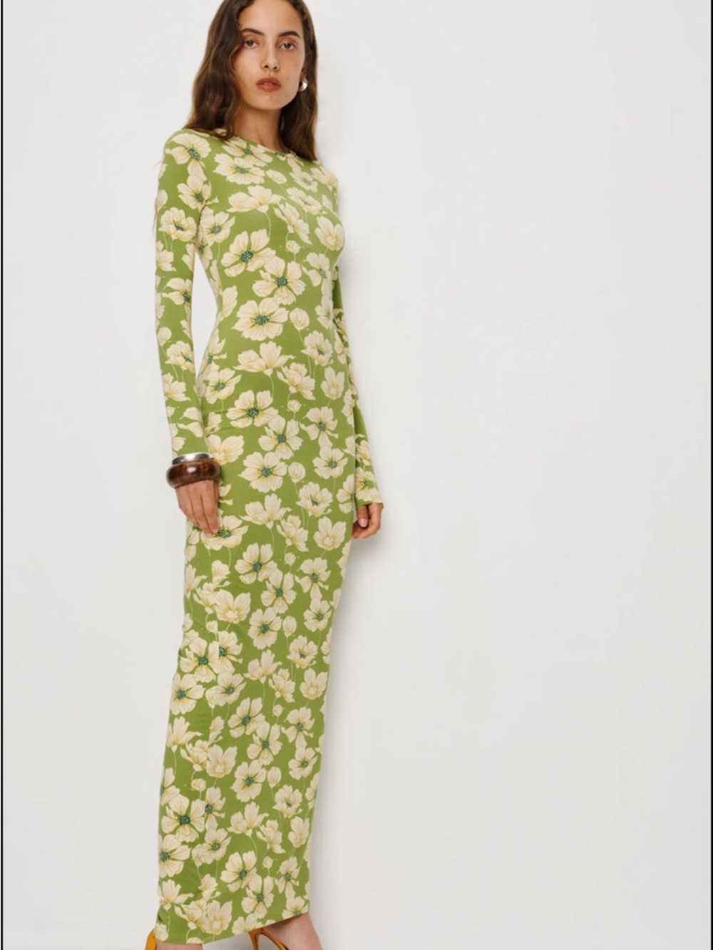 Reformation Olive Green Floral Long Sleeve Maxi Dress